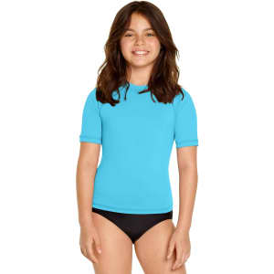 A youth short sleeve rashie in bright blue, featuring a logo, paired with black swim bottoms.