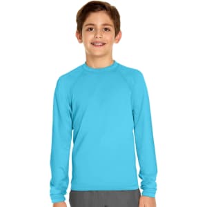 A long sleeve rashie in bright blue, featuring a logo, designed for youth sun protection with UPF 50+.