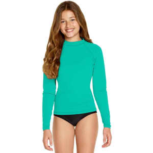 A long sleeve rashie in vibrant turquoise, featuring a fitted design and a high neckline.