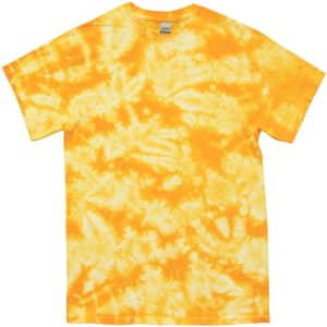 A bright yellow tie-dye t-shirt features a crinkle pattern and has a branded label inside the neckline.