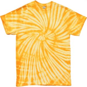 A spiral tie dye T-shirt in vibrant shades of yellow and white. It features a logo on the label.