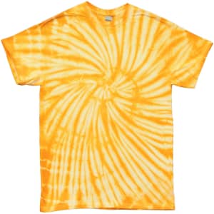 A tie-dye T-shirt featuring a swirl pattern in vibrant yellow and orange colours. It has a plain design without text.
