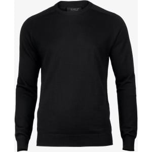 A black knitted jumper with a round neckline and long sleeves. It features a brand logo on the label.