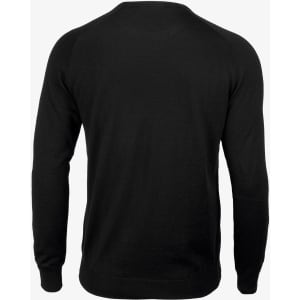 A black knitted jumper featuring a simple design and long sleeves, with a smooth back detail.