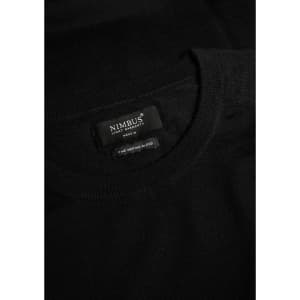 A black knitted jumper featuring a round neckline and a branded label inside.