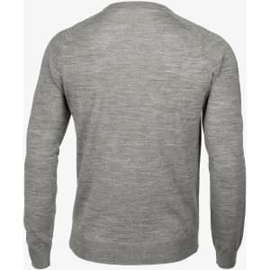 A grey knitted jumper featuring long sleeves and a round neckline, with a plain back view.