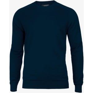 A dark navy blue knitted jumper with long sleeves and a round neck. The product features a logo.
