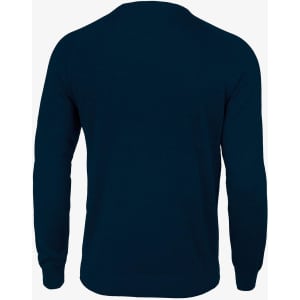 A navy blue knitted jumper featuring a simple back design and long sleeves. It has a branding logo on the fabric.