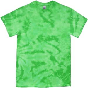 A crinkle tie dye t-shirt in vibrant green hues with a swirling pattern and a tag inside the neck.