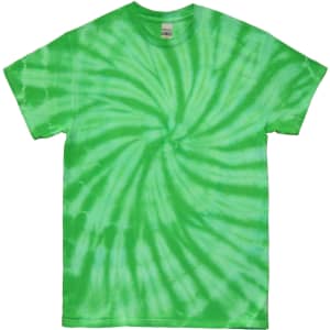 A bright green tie-dye t-shirt featuring a swirling pattern, with a logo on the label.
