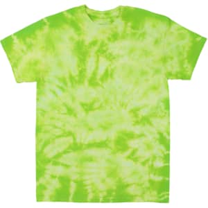 A vibrant green crinkle tie dye t-shirt featuring swirling patterns in various shades of green. It has a logo on it.