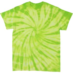 A bright green tie-dye T-shirt with a swirling pattern and short sleeves. It features a branding logo.