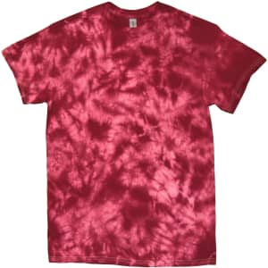A crinkle tie dye T-shirt in varying shades of red, featuring a logo on the label.