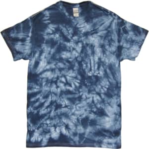 A Crinkle Tie Dye T-Shirt in shades of blue with a unique pattern. The shirt has a tag and features a logo.