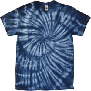 A spiral tie-dye t-shirt featuring shades of navy blue and white, with a soft fabric texture.