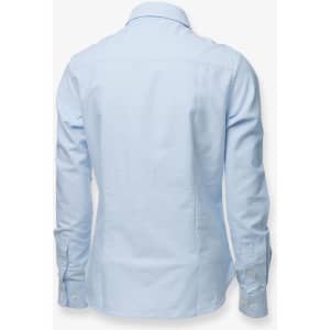 A light blue button-up shirt with long sleeves and a collar, featuring a logo on the back.