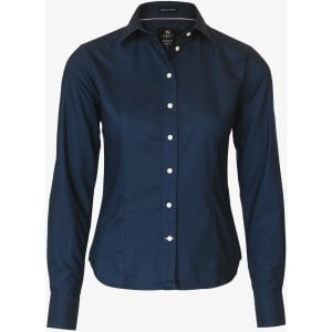 A navy button-up shirt with a collar and long sleeves, featuring a logo.