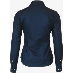 A navy button-up women's shirt featuring long sleeves and a back view design. It includes a logo on the fabric.