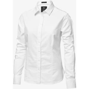 A white button-up shirt for women featuring a collar and long sleeves, with a logo on the label.
