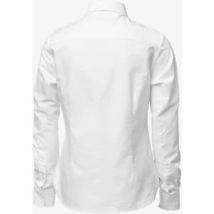 A white button-up shirt with long sleeves and a collar, featuring a branded logo on the back.
