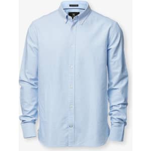 A light blue button-up shirt with a collar and long sleeves, featuring branding on the inside.