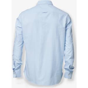 A light blue button-up shirt with long sleeves and a standard collar, featuring a logo on the back.