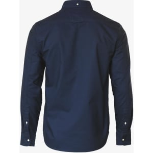 A navy blue button-up shirt with long sleeves and a collar, featuring a back view and a logo on the collar.