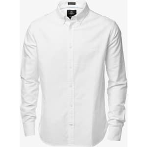 A white button-up shirt featuring long sleeves and a collar, with a logo on the tag.