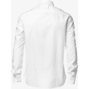 A white button-up shirt featuring long sleeves and a modern fit design. Includes a logo on the back.