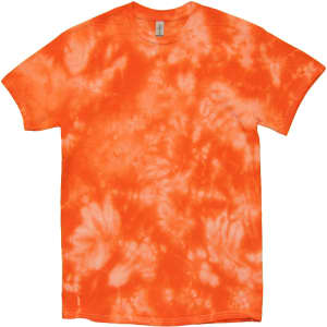 An orange tie-dye t-shirt with a crinkle pattern, featuring a label inside and no visible logos.