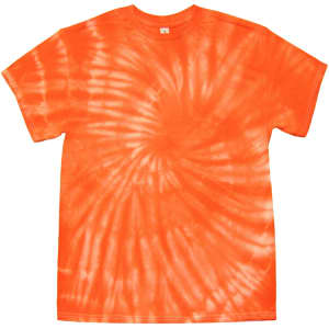 An orange tie-dye t-shirt featuring a spiral pattern, with a plain neckline and short sleeves.