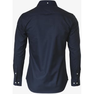 A navy blue slim fit button-up shirt for men, featuring long sleeves and a back yoke. Includes a small logo.
