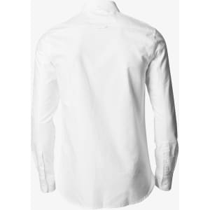 A white slim fit button-up shirt with long sleeves and a collar, featuring a branding logo.