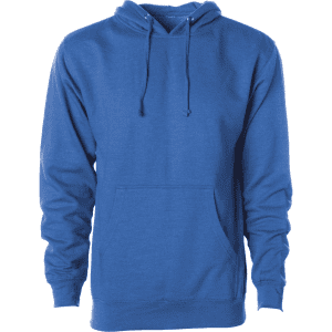 A midweight pullover hood in a vibrant blue colour with a front pocket and a hood. It features a logo.