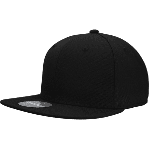 A black 6 panel high profile structured fitted cap with a flat brim and a logo on the side.