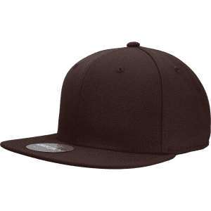 A dark brown high-profile structured fitted cap with a flat brim and a logo on the front.