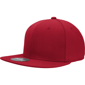A red, high-profile structured fitted cap with a flat brim and a logo on the side.