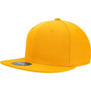 A bright yellow 6-panel high profile structured fitted cap with a flat brim and a logo on the side.