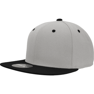 A high-profile structured fitted cap in grey with a black peak, featuring a logo on the front.
