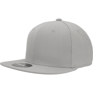 A grey 6-panel high profile structured fitted cap with a flat brim and a logo.