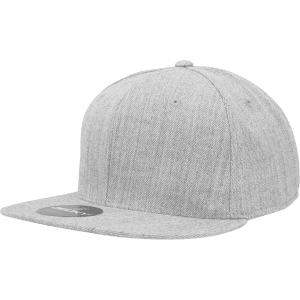 A grey 6 panel high profile structured fitted cap with a flat brim and a logo on the side.