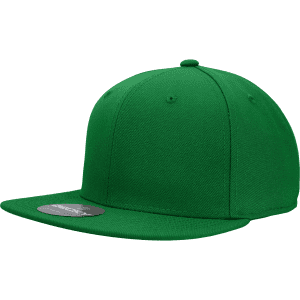 A green six-panel high profile structured fitted cap with a flat brim and a logo on the front.