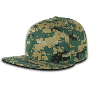 A camouflaged 6-panel high-profile structured fitted cap in green and beige tones, featuring a logo on the front.