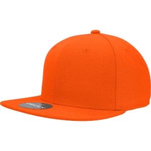 A high-profile orange fitted cap with a structured design and a flat brim, featuring a logo.