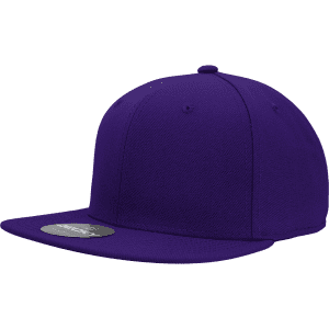 A purple high-profile structured fitted cap with a peak and a side logo.