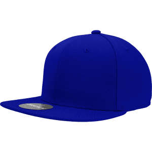 A blue fitted cap with a high profile and structured design, featuring a flat brim and a logo.