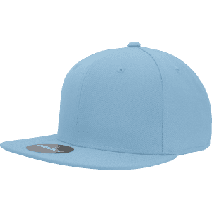 A light blue high-profile structured fitted cap with a wide brim and a circular button on top, featuring a logo.