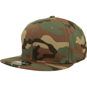 A camouflaged, high-profile structured fitted cap in shades of green, brown, and black with a logo patch.