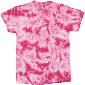 A crinkle tie dye t-shirt featuring vibrant shades of pink and white, with a logo on the label.