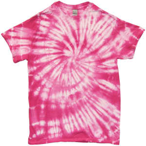 A pink tie-dye T-shirt featuring a spiral pattern and a logo on the label.
